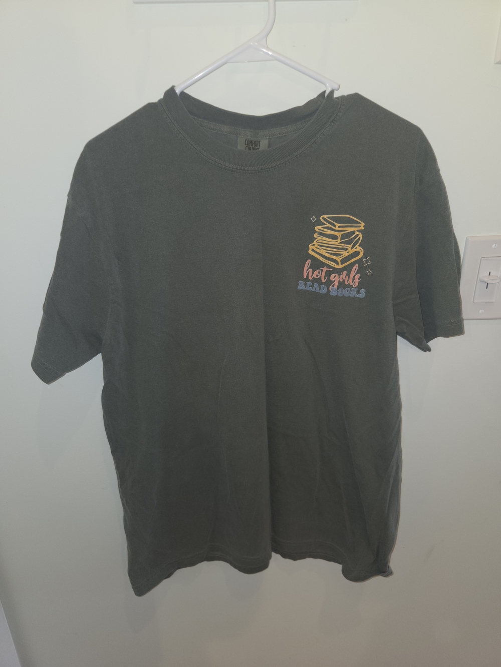 Comfort Colors Olive Green Tee with Yellow & Pink Book Graphic